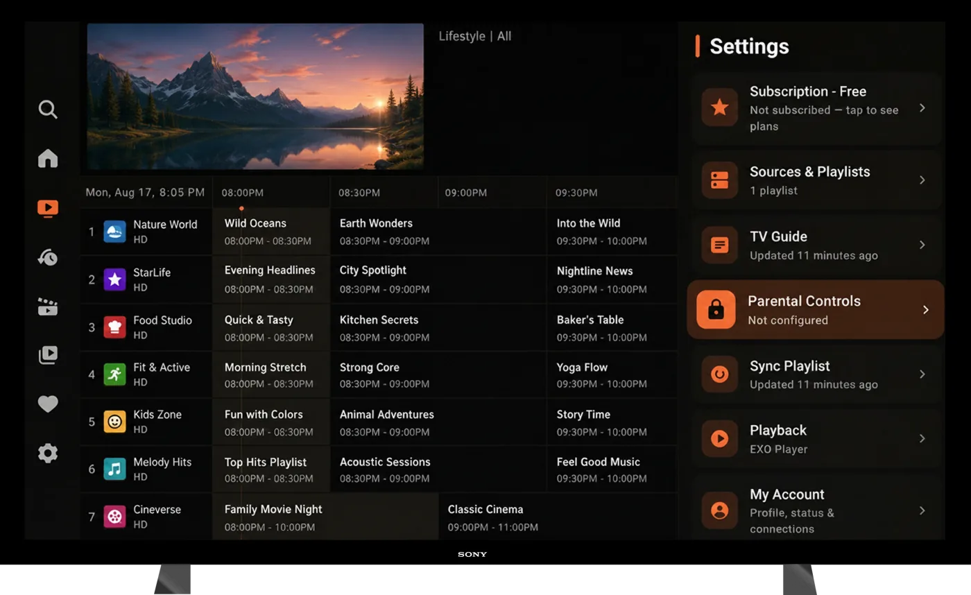 TV — settings screen with TV Guide update time and Parental Controls listed